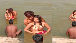 Village girl bathing topless in river with boyfriends
