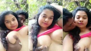 Playing with big boobs girl outdoors